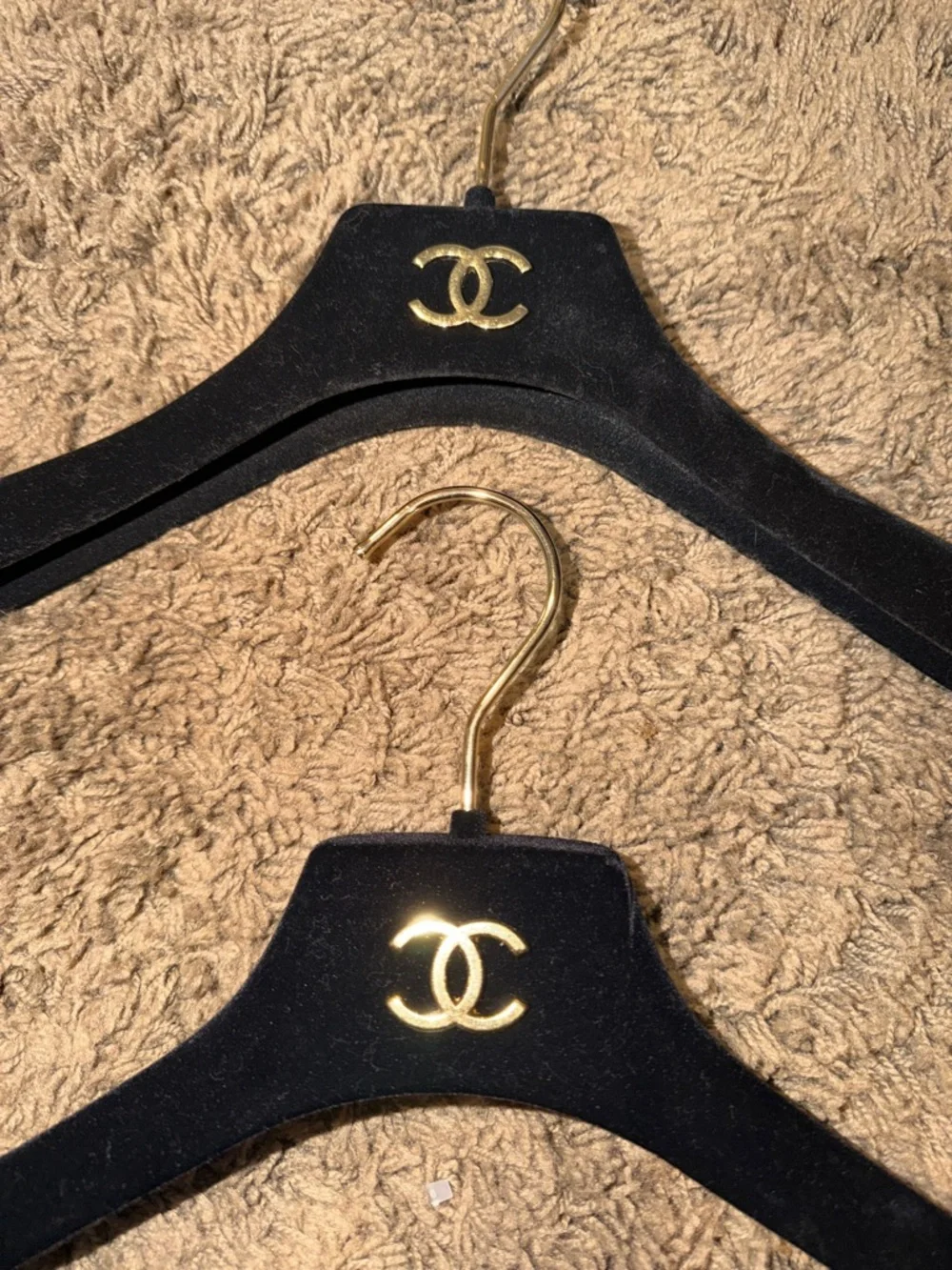 Lot of 2 CHANEL Black Velvet Hangers with Gold CC Logo and Hooks
